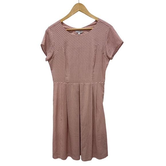 Downeast Womens Pink Geometric Floral Fit Flare Pleated Modest Dress Large L - Picture 2 of 7